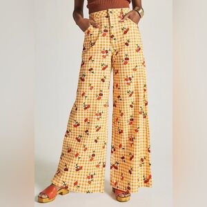 Farm x Anthropologie Yellow Gingham Wide-Leg Pants with Cherry Print